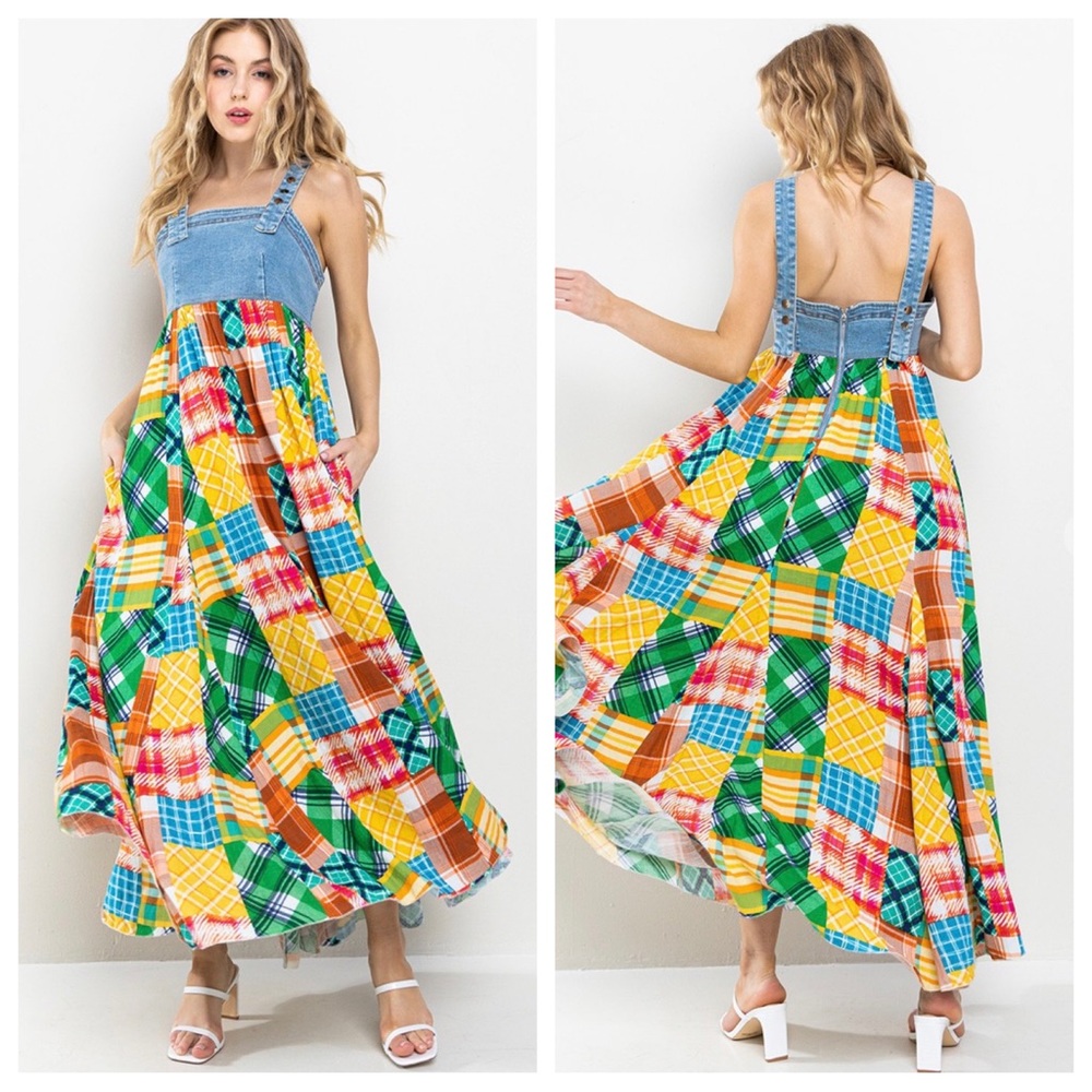 62 Boho Denim Multi Fabric Pleated Suspender Maxi Dress